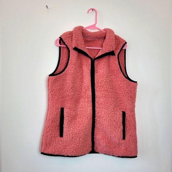 Pink Sherpa Teddy Jacket Vest Cozy Full Zip Barbie Coquette Snow Bunny Large - Picture 1 of 7